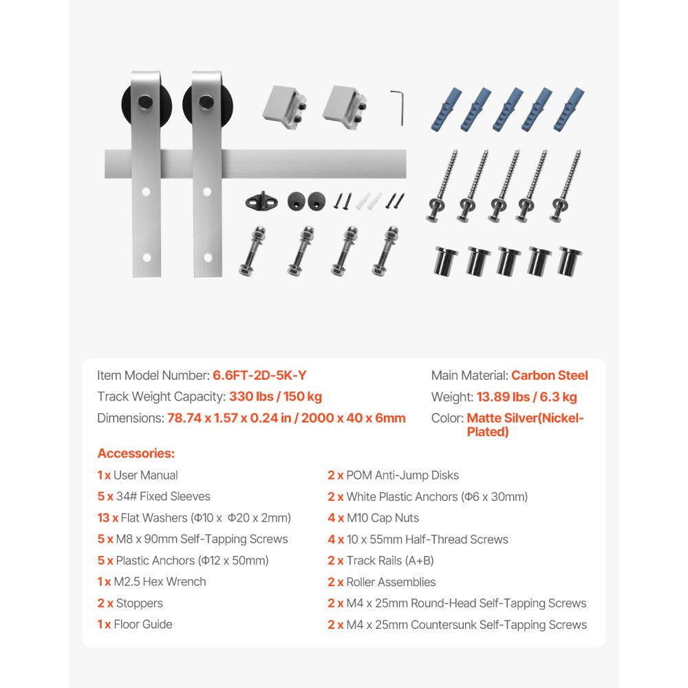 6.6FT-2D-5K-Y - Durable Carbon Steel Barn Door Hardware Kit with Brushed Nickel Finish