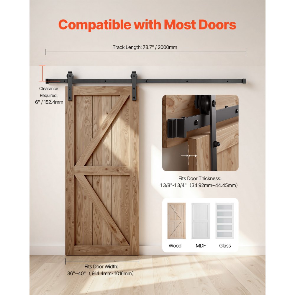 6.6FT-2D-5K-H - Durable Carbon Steel Barn Door Hardware Kit, 330lbs Capacity