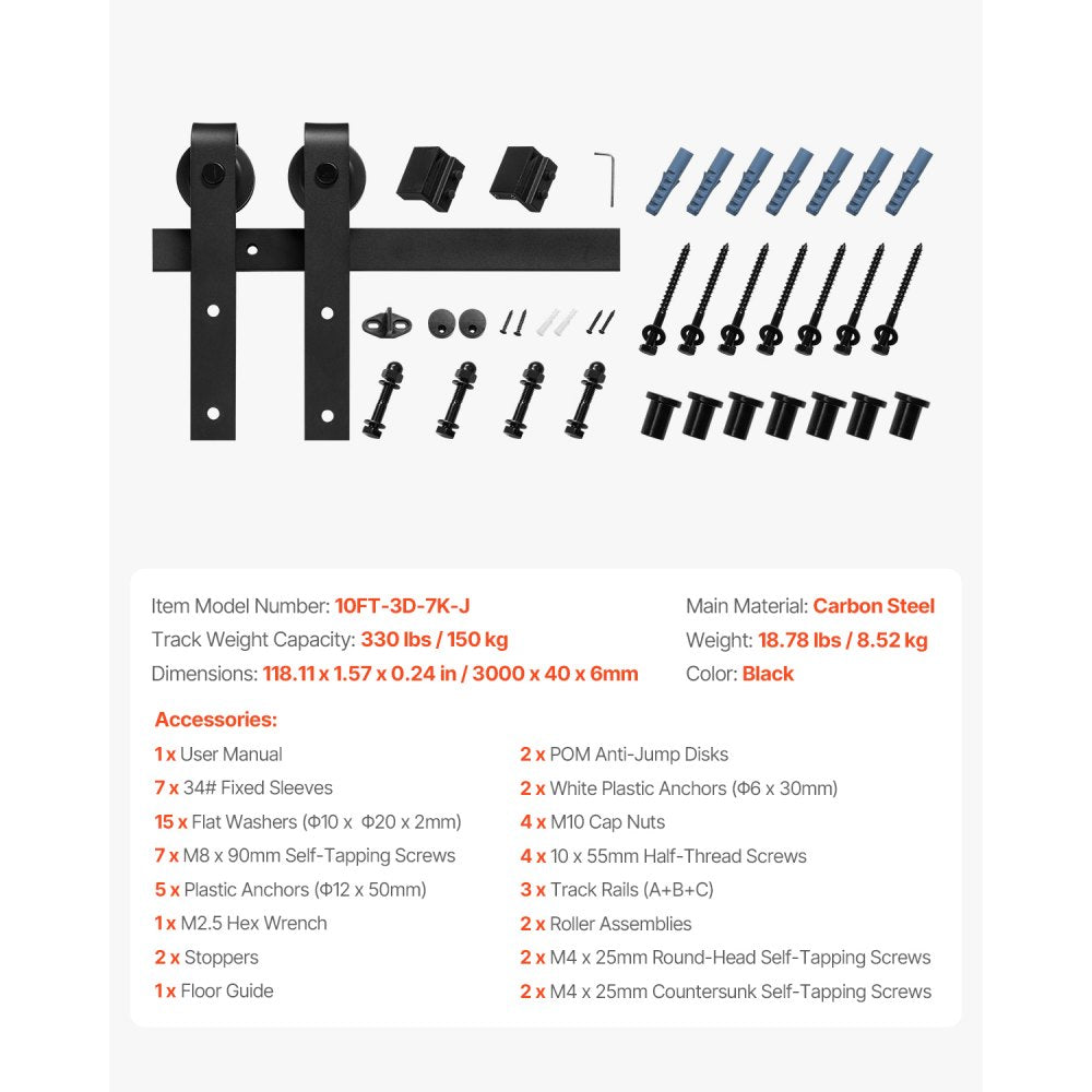 10FT-3D-7K-J - Heavy-Duty Carbon Steel 10FT Sliding Barn Door Hardware Kit