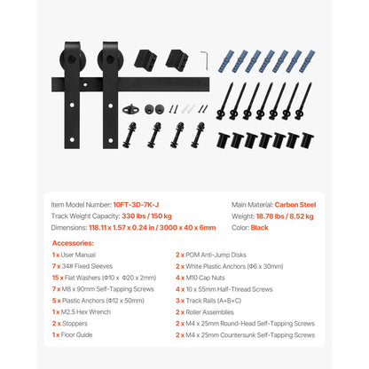 10FT-3D-7K-J - Heavy-Duty Carbon Steel 10FT Sliding Barn Door Hardware Kit