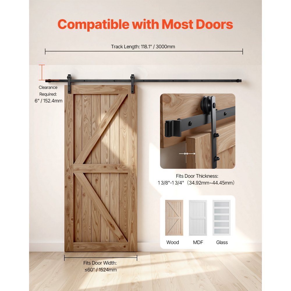 10FT-3D-7K-I - Durable Barn Door Hardware Kit with Steel Track, Easy Install