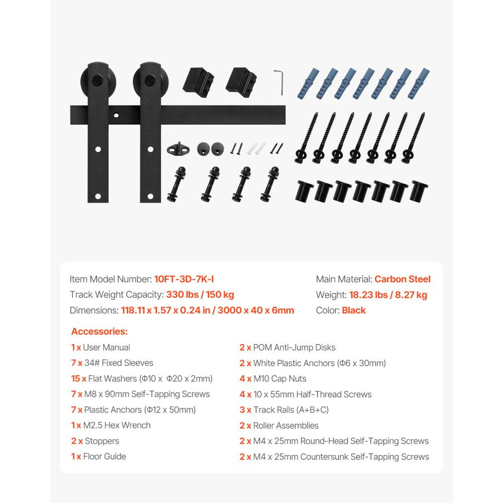 10FT-3D-7K-I - Durable Barn Door Hardware Kit with Steel Track, Easy Install