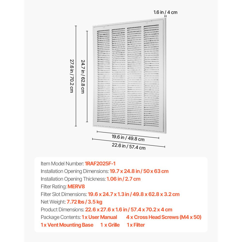 1RAF2025F-1 - Durable Steel Air Filter Grille with Easy Installation & Noise Reduction