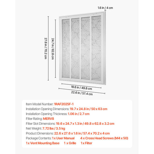 1RAF2025F-1 - Durable Steel Air Filter Grille with Easy Installation & Noise Reduction