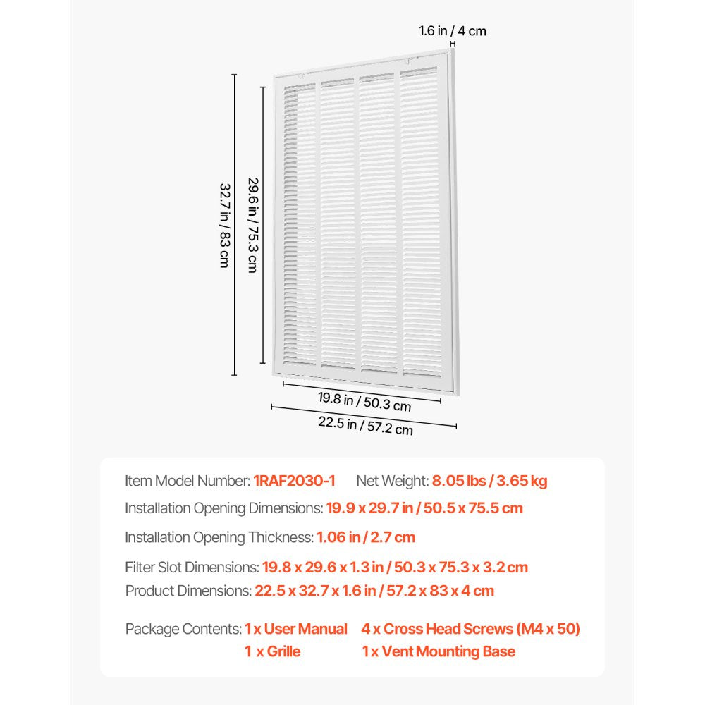 1RAF2030-1 - Durable Steel Return Air Grille 20"x30" - Quiet & Efficient