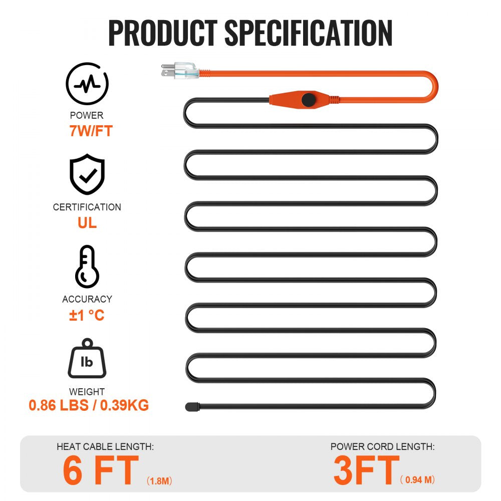 PFPC1-1A006 - 6FT Pipe Heating Cable 7W/FT with Thermostat