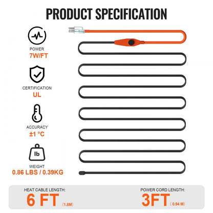 PFPC1-1A006 - 6FT Pipe Heating Cable 7W/FT with Thermostat