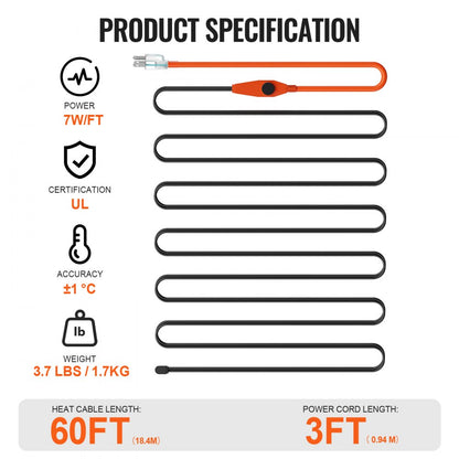 PFPC1-1A060 - 60FT Pipe Heating Cable with Thermostat, 7W/FT Power