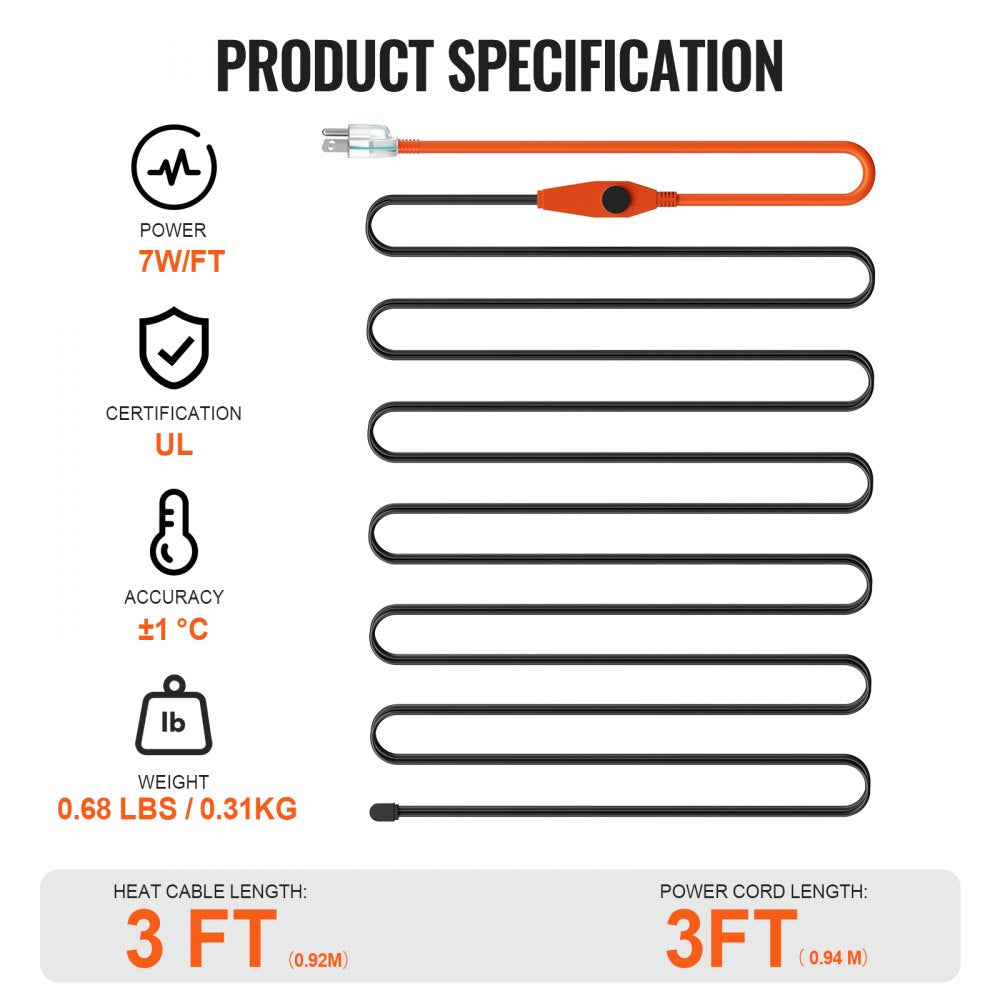 PFPC1-1A003 - 3FT Pipe Heating Cable with Thermostat, 7W/FT Power