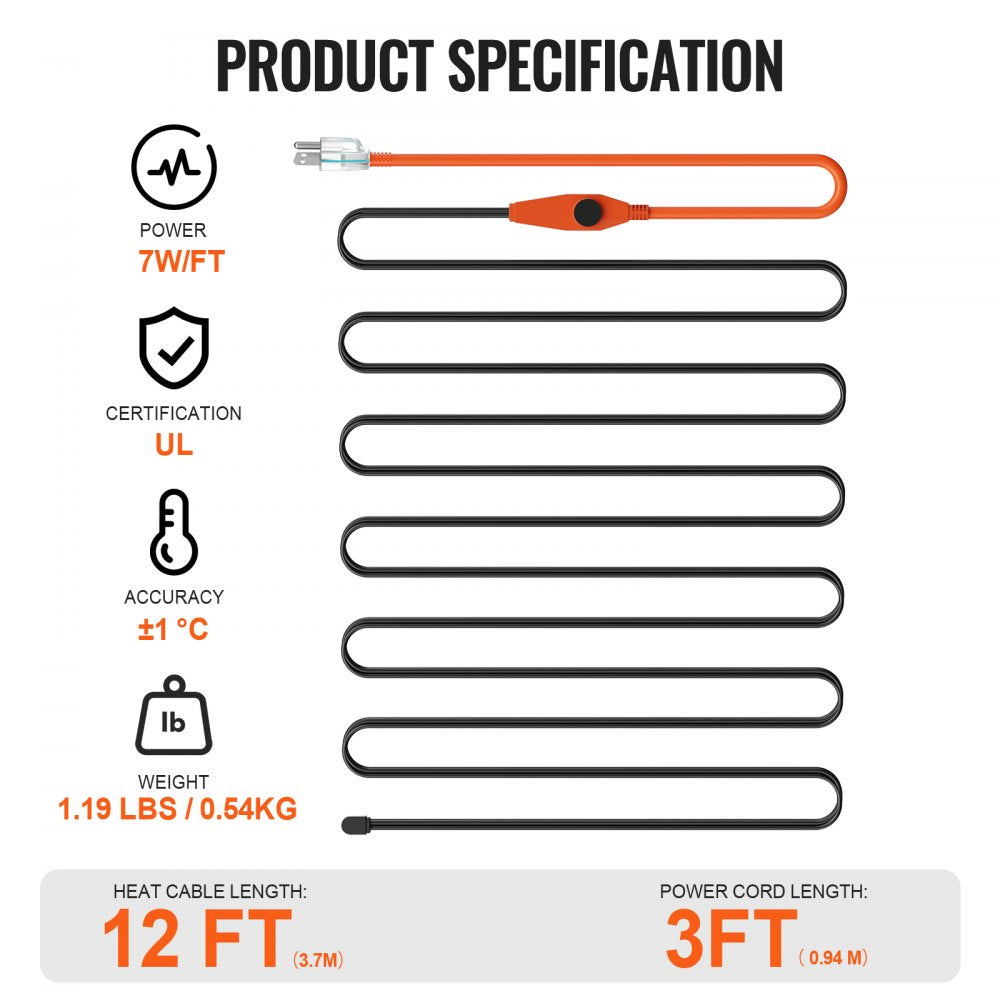 PFPC1-1A012 - 12FT Pipe Heating Cable with Thermostat & Waterproof Design