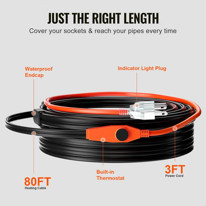 PFPC1-1A080 - 80FT Pipe Heating Cable with Thermostat & Indicator Light