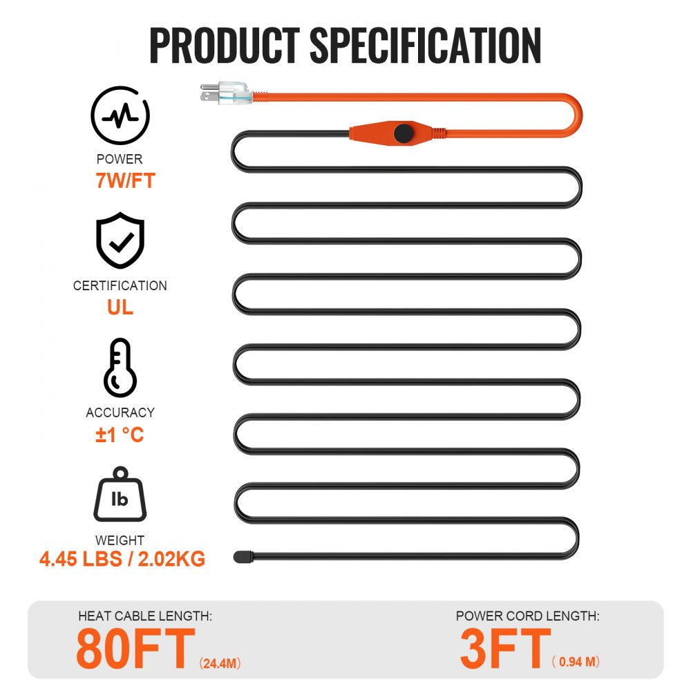 PFPC1-1A080 - 80FT Pipe Heating Cable with Thermostat & Indicator Light