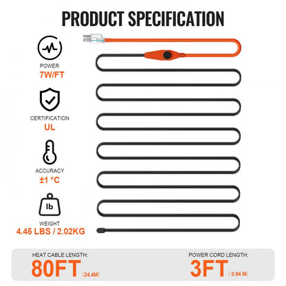 PFPC1-1A080 - 80FT Pipe Heating Cable with Thermostat & Indicator Light
