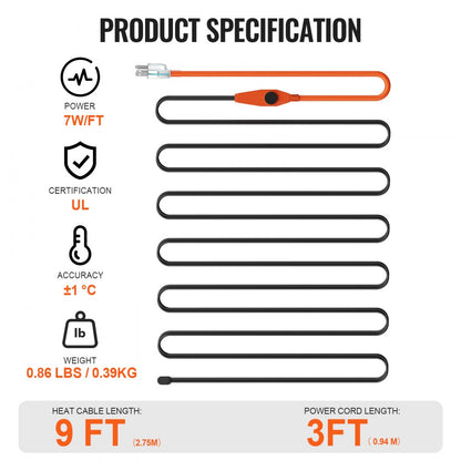 PFPC1-1A009 - 9FT Pipe Heating Cable with 7W/FT Power Output