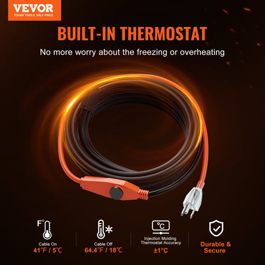 PFPC1-1A030 - 30FT Pipe Heating Cable, 7W/FT with Thermostat