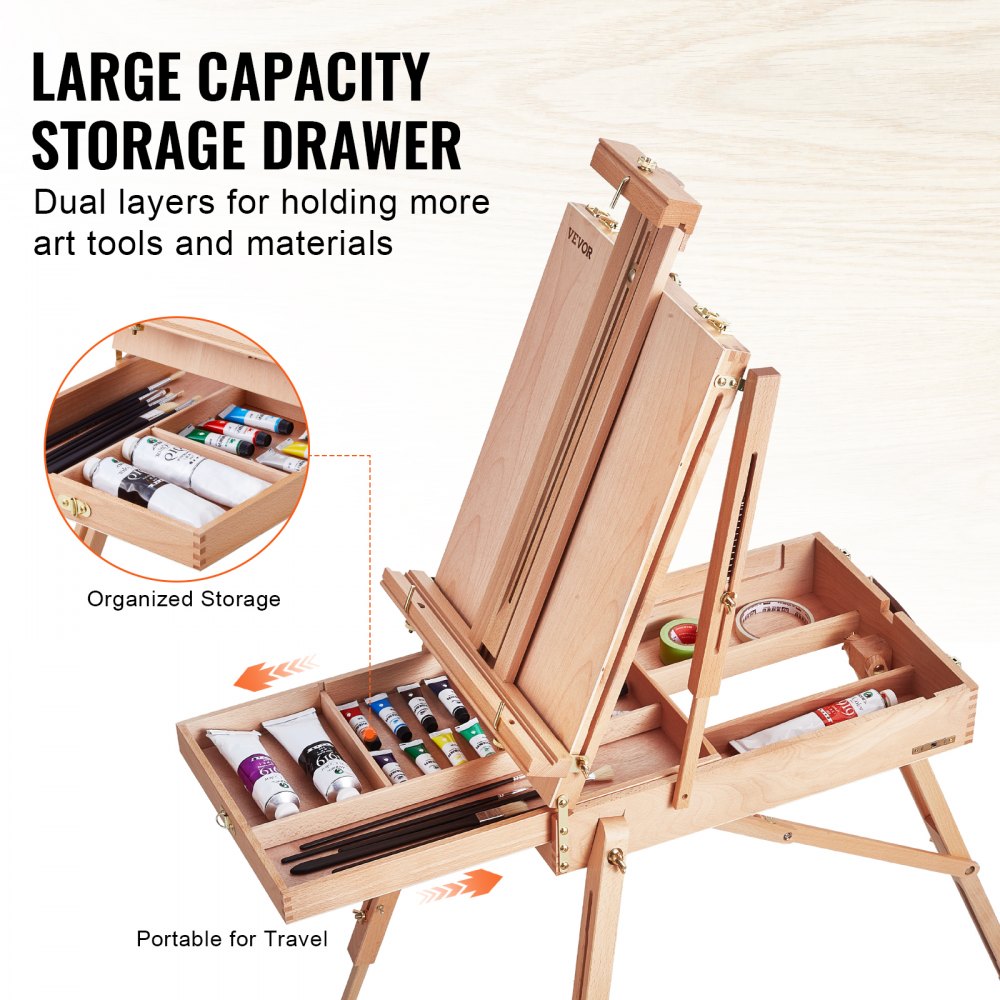 HX-3 - Beechwood French Easel with Adjustable Canvas Holder and Storage