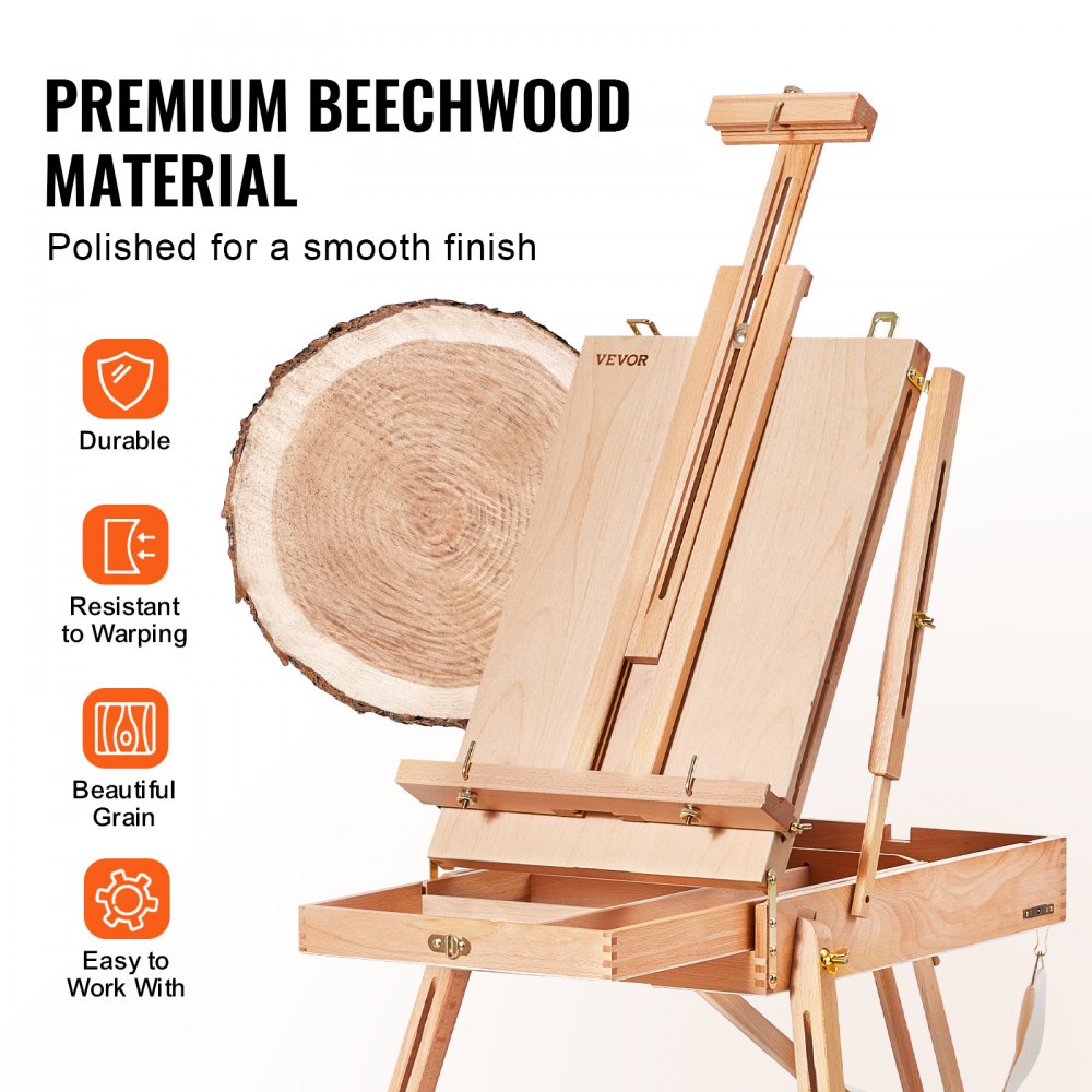 HX-3 - Beechwood French Easel with Adjustable Canvas Holder and Storage