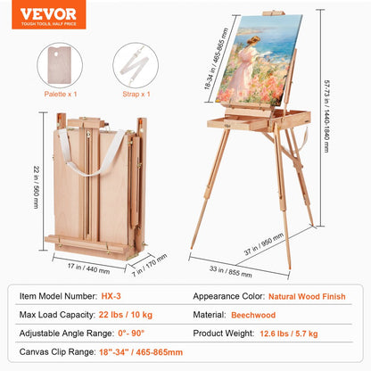 HX-3 - Beechwood French Easel with Adjustable Canvas Holder and Storage
