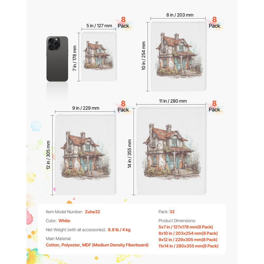 Zuhe32 - Premium 3mm Thick Canvas Boards, 32 Pack for Artists