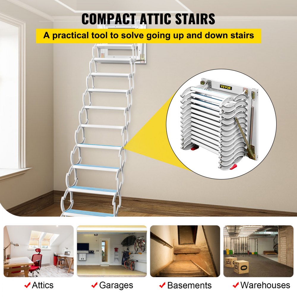 010378770728 - 12-Step Retractable Attic Ladder, Supports 660 lbs, 11.2 ft Reach