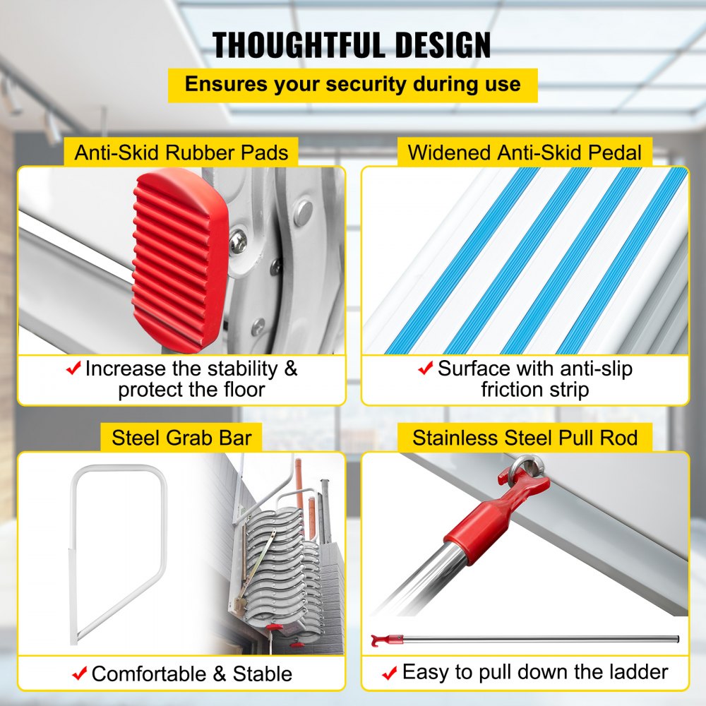 010378770728 - 12-Step Retractable Attic Ladder, Supports 660 lbs, 11.2 ft Reach
