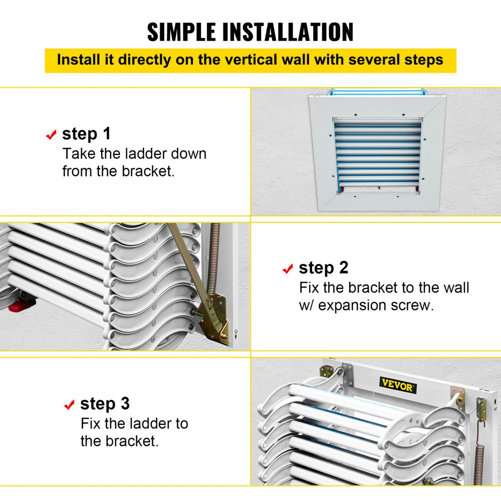 010378770728 - 12-Step Retractable Attic Ladder, Supports 660 lbs, 11.2 ft Reach