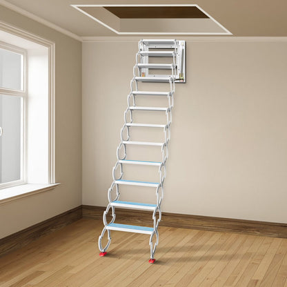 010378770728 - 12-Step Retractable Attic Ladder, Supports 660 lbs, 11.2 ft Reach