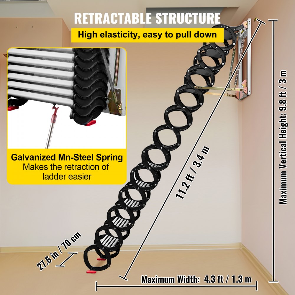 010180990758 - Space-Saving 12-Step Attic Ladder, 11.2ft Retractable Design