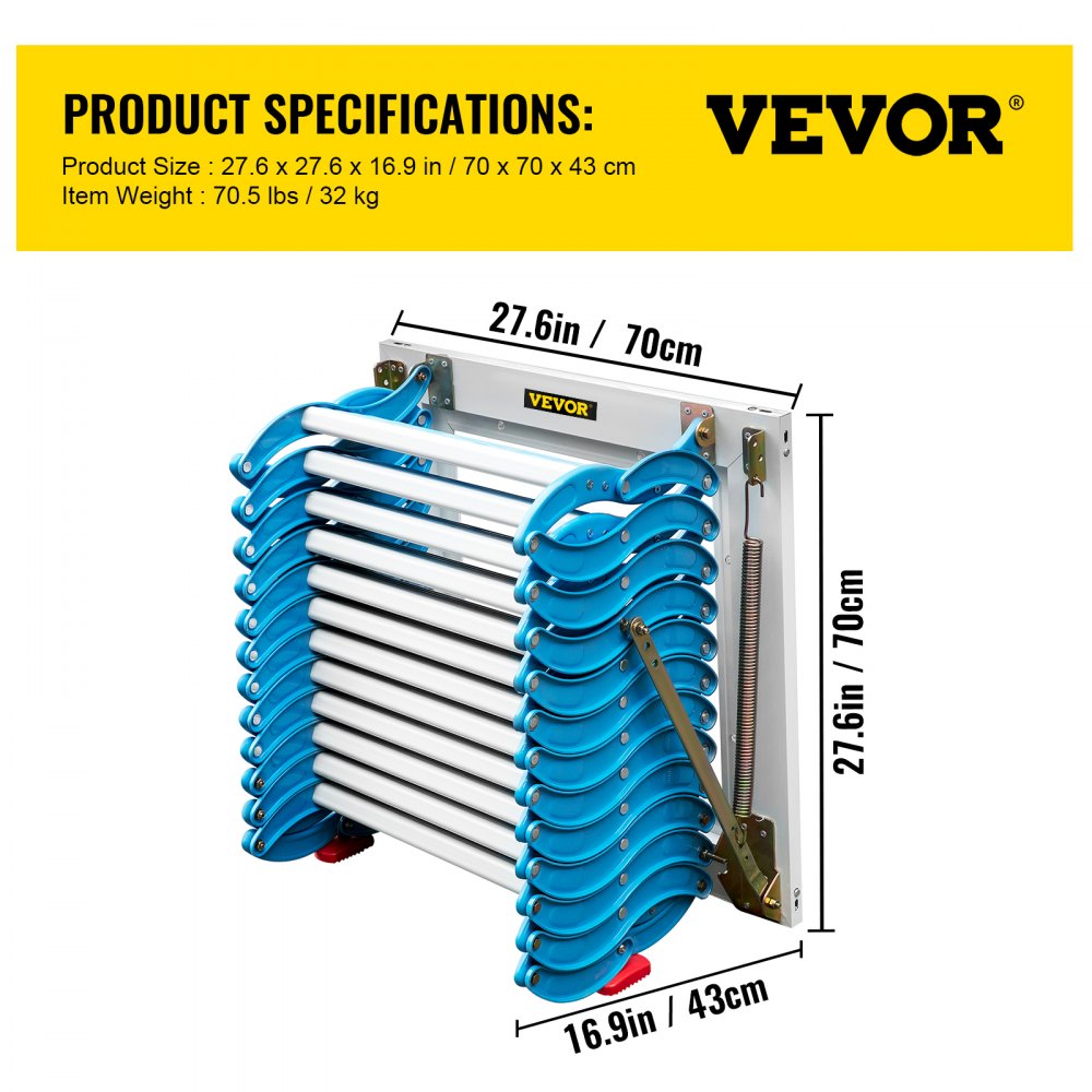 010351927960 - 12-Step Retractable Attic Stairs, 660 lbs Capacity, Space-Saving Design