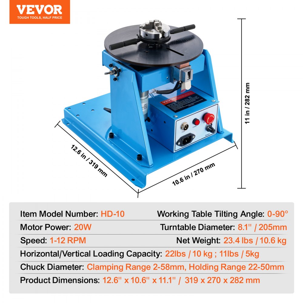 HD-10 - VEVOR 20W Rotary Welding Positioner with 3-Jaw Chuck and 11 lbs Capacity