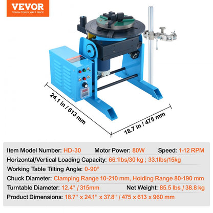 HD-30 - VEVOR 80W Rotary Welding Positioner, 33.1 lbs Capacity, 1-12 RPM