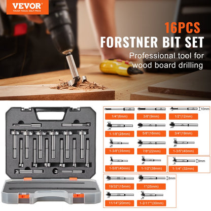 M16 - 16 Pcs Carbon Steel Forstner Bit Set, 1/4" to 1-5/8"
