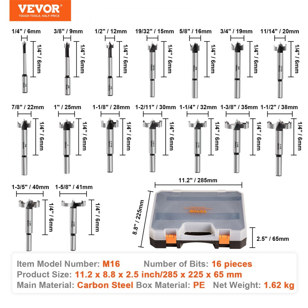 M16 - 16 Pcs Carbon Steel Forstner Bit Set, 1/4" to 1-5/8"