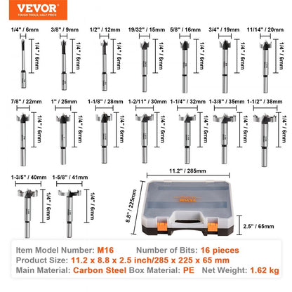 M16 - 16 Pcs Carbon Steel Forstner Bit Set, 1/4" to 1-5/8"