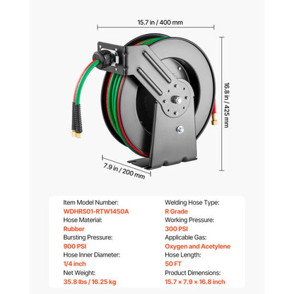 WDHRS01-RTW1450A - 50FT Auto-Rewind Welding Hose Reel, R-Grade Rubber