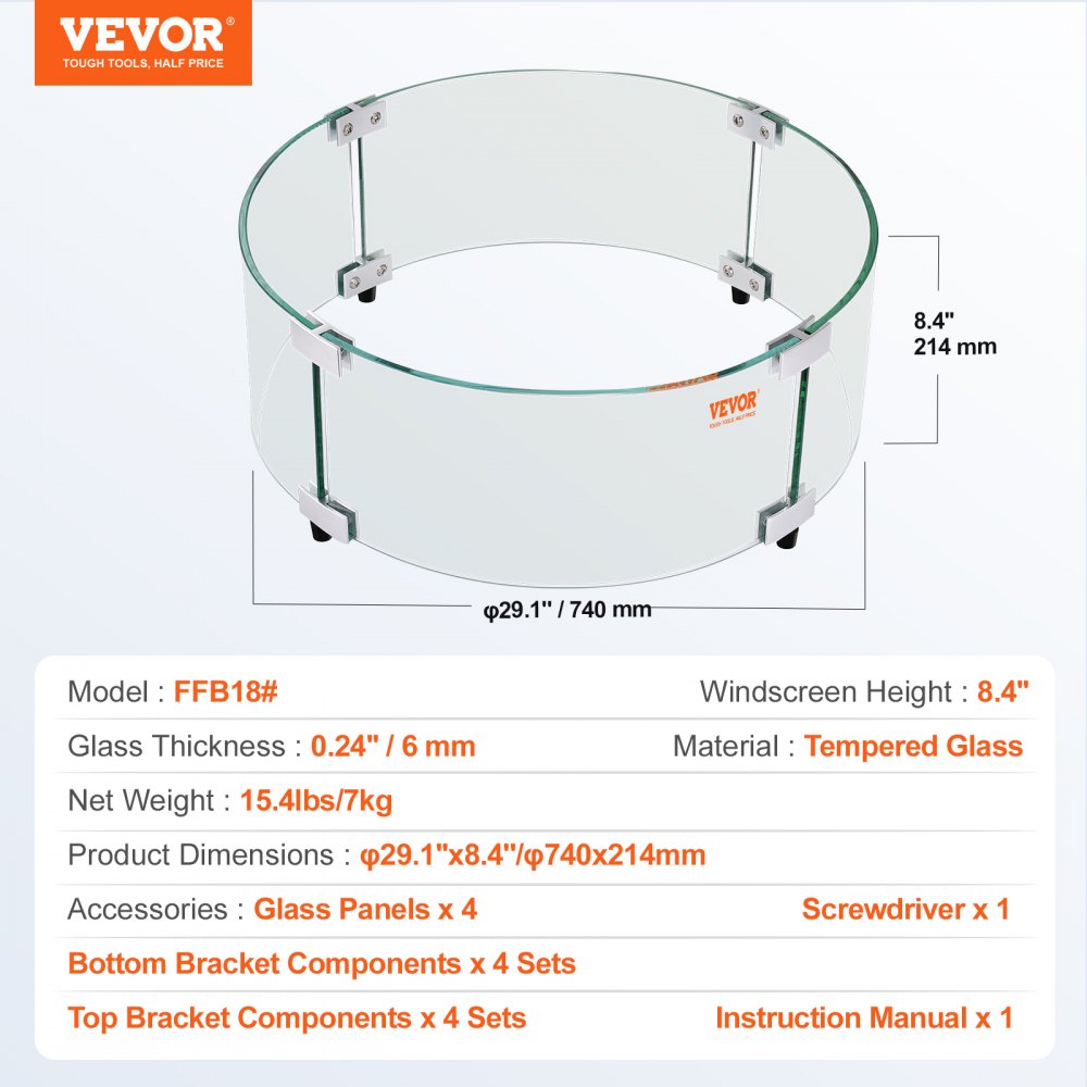 FFB18# - 29" Tempered Glass Wind Guard for Fire Pits