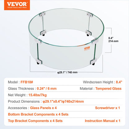 FFB18# - 29" Tempered Glass Wind Guard for Fire Pits
