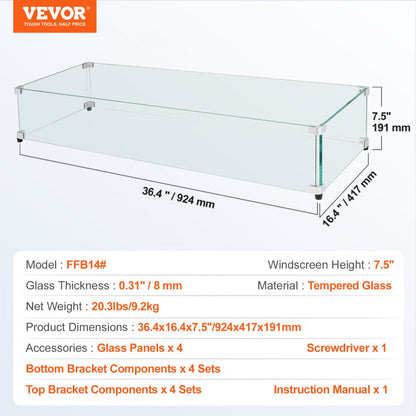 FFB14# - Tempered Glass Wind Guard for Rectangular Fire Pit, 36 x 16 x 7.5 Inch