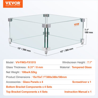 VV-FWG-FX1515 - Durable 0.31-Inch Glass Wind Guard for Square Fire Tables