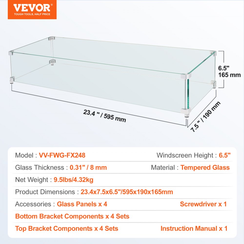 VV-FWG-FX248 - Sturdy Tempered Glass Wind Guard for Square Fire Pit
