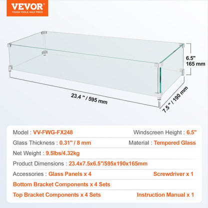 VV-FWG-FX248 - Sturdy Tempered Glass Wind Guard for Square Fire Pit