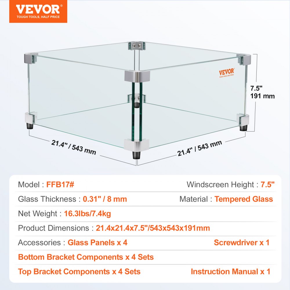 FFB17# - Durable 21.4" Tempered Glass Wind Guard for Gas Fire Pits