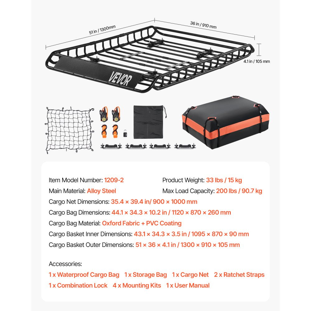 1209-2 - 51" Universal Roof Rack Cargo Basket with Bag & Net