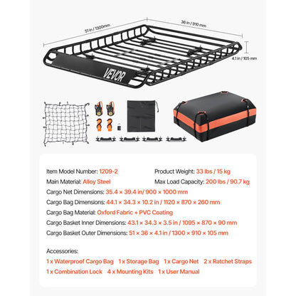 1209-2 - 51" Universal Roof Rack Cargo Basket with Bag & Net