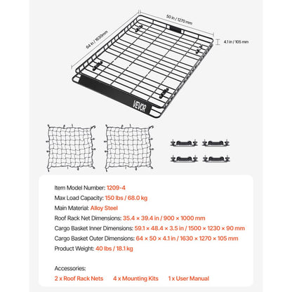 1209-4 - Durable 64x50 Roof Rack Cargo Carrier with Nets, 150 lbs Capacity