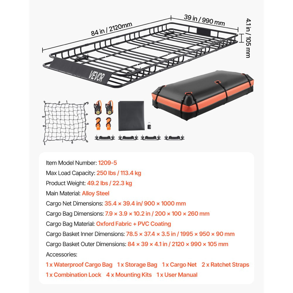1209-5 - 84x39 in Universal Roof Rack Cargo Basket with Bag & Net