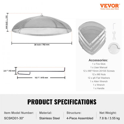 SCSKD01-30" - Durable Stainless Steel Fire Pit Spark Screen, 30" Round Design