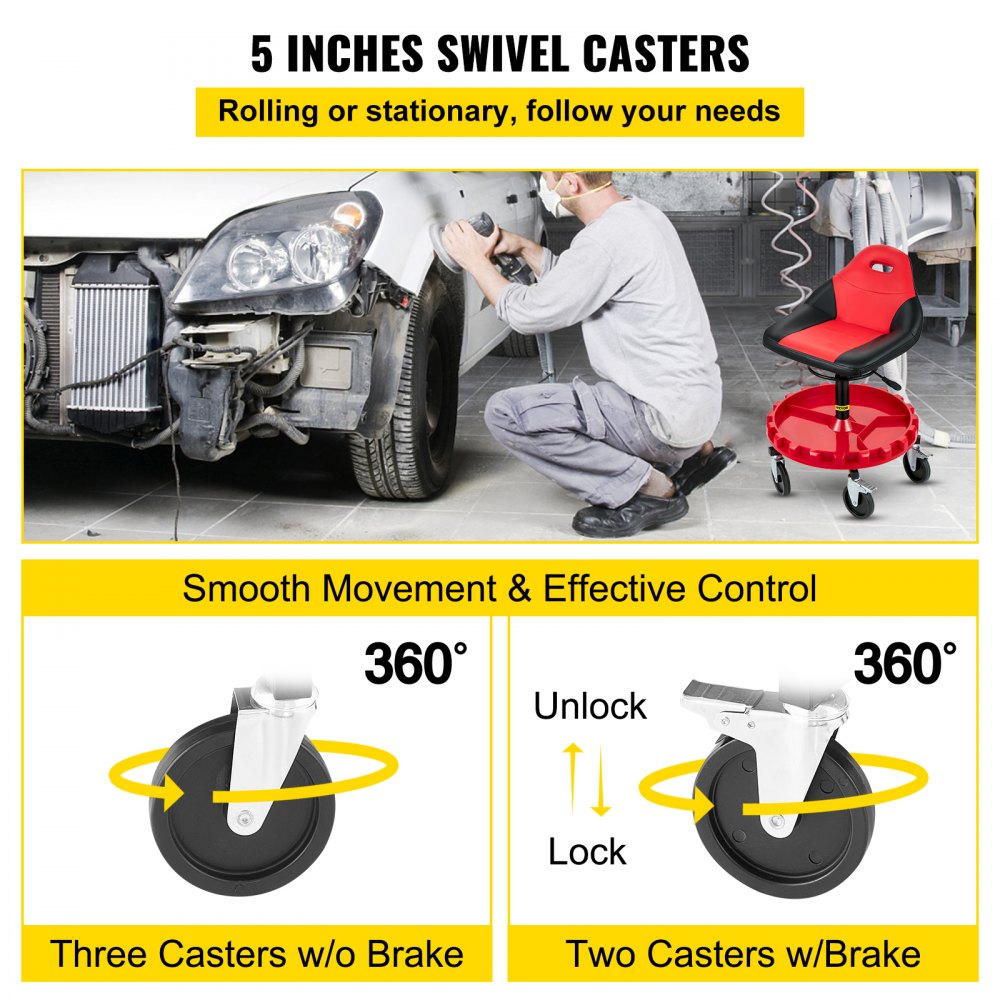 VVCCSJ5L - Ergonomic Rolling Stool with 300 lbs Capacity & Tool Tray
