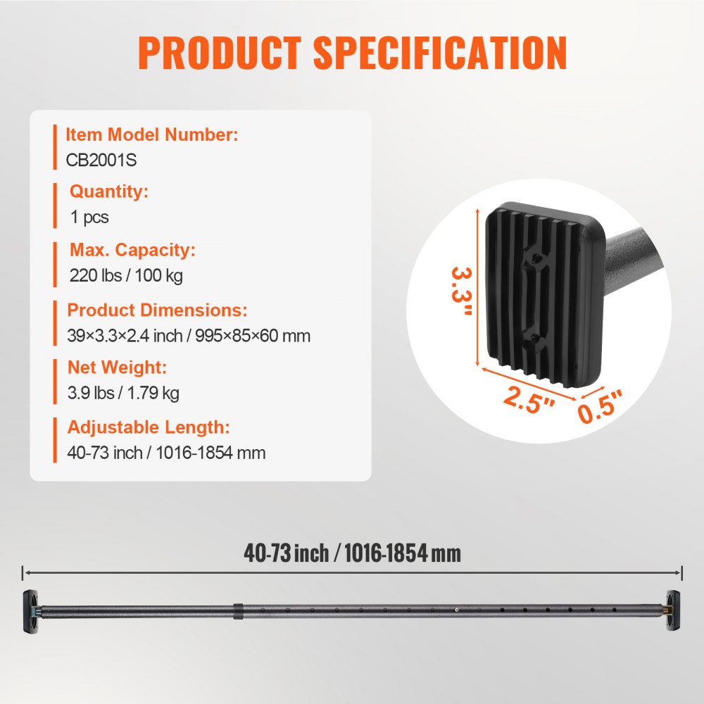 CB2001S - Adjustable Cargo Bar for Trucks, 40"-73", 220 lbs Capacity