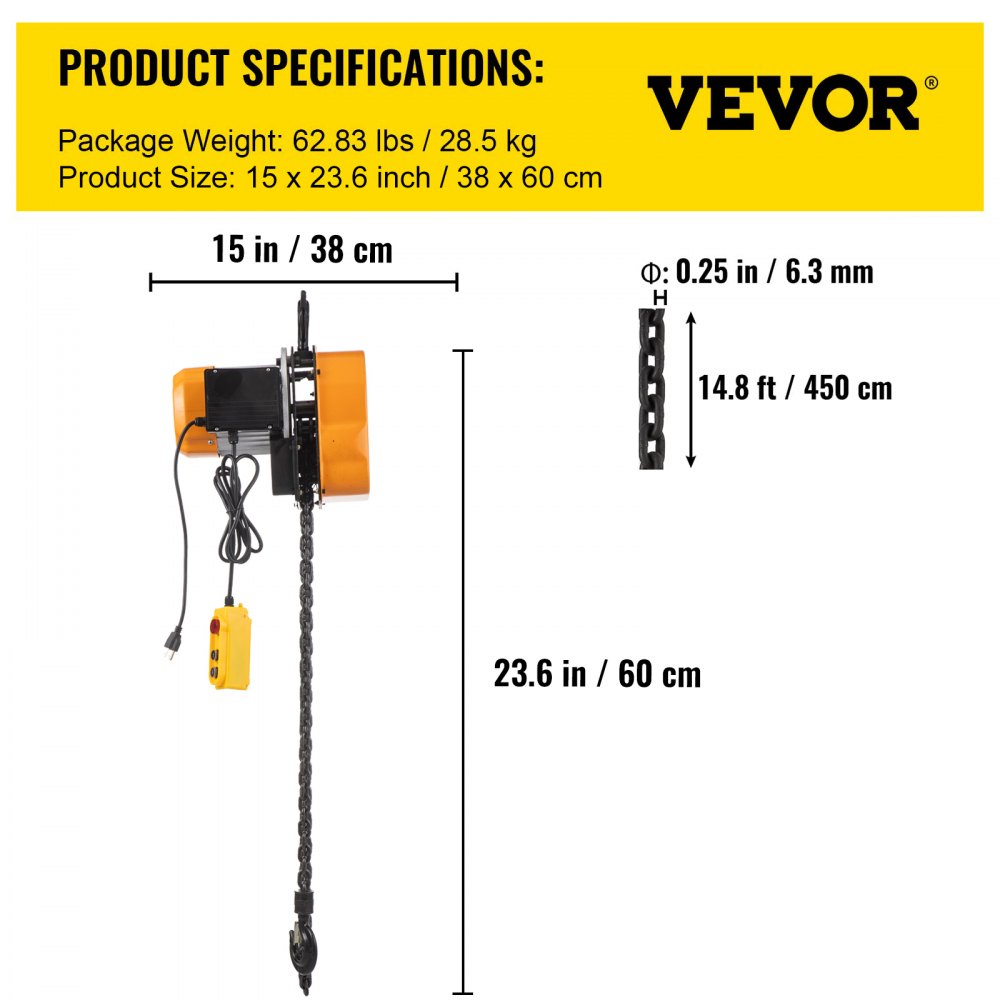 VV-HLDDHL-001 - 1100lbs VEVOR Electric Hoist with 6ft Wired Remote